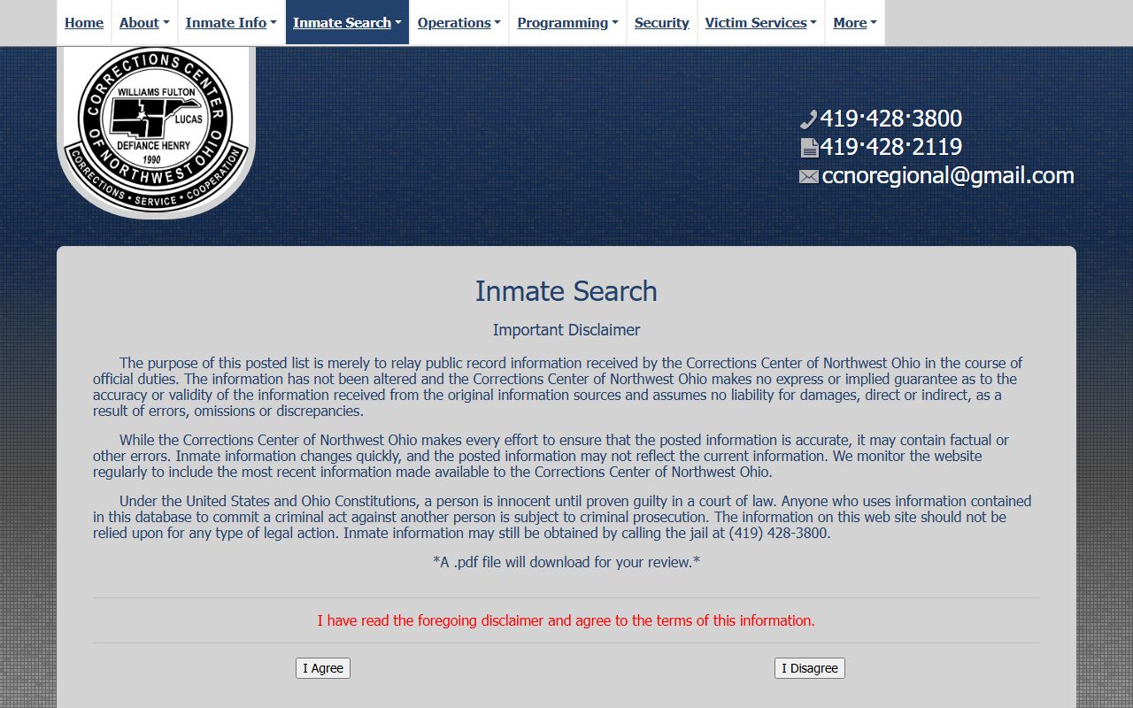 Defiance County inmate search CCNO disclaimer page