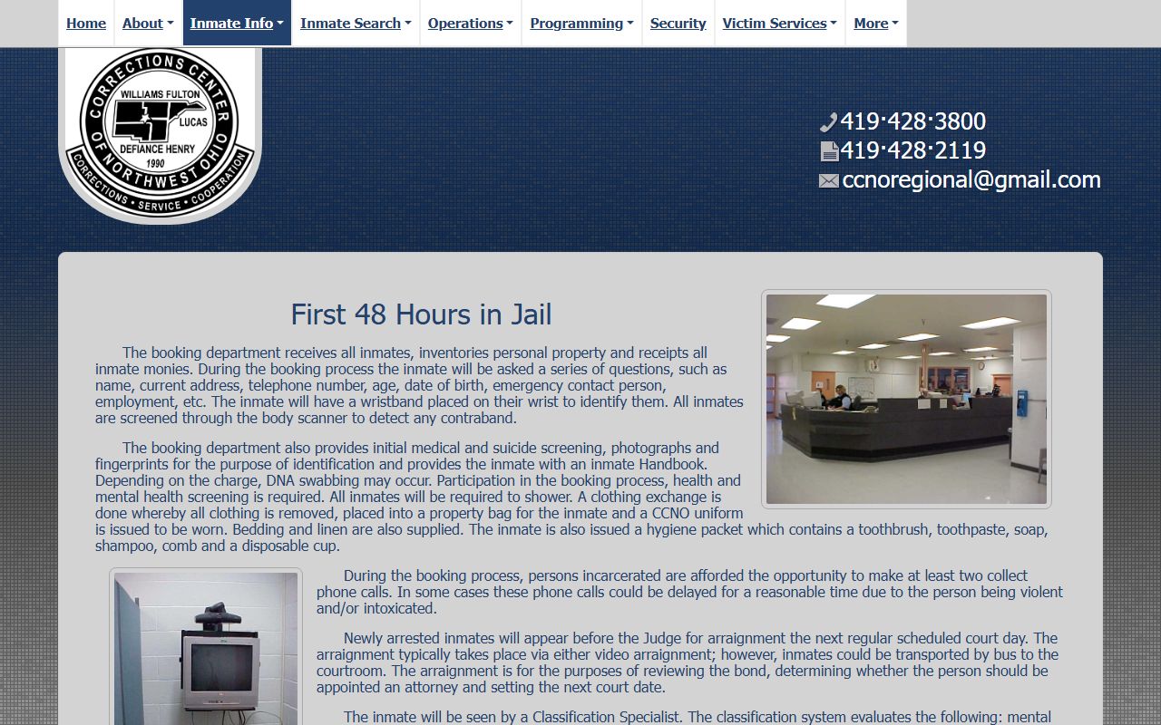 Corrections Center of Northwest Ohio booking intake for Defiance County inmate records