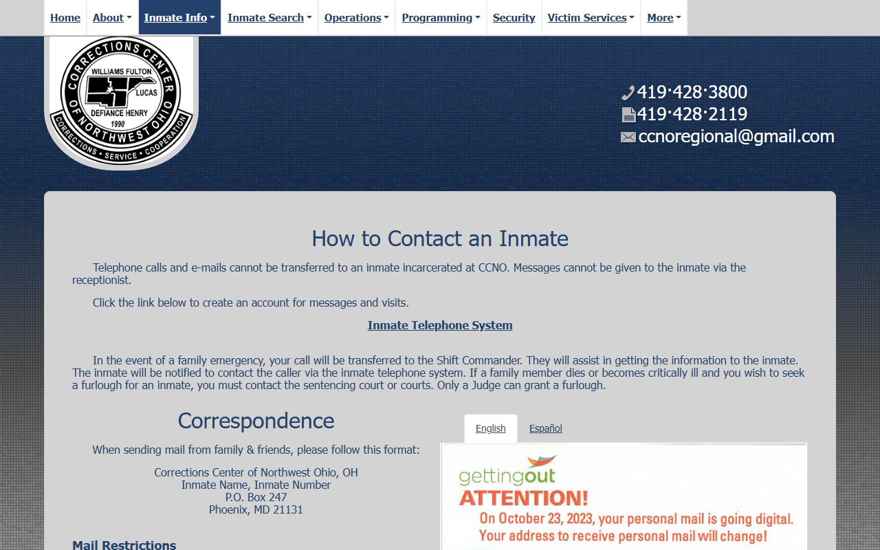 Corrections Center of Northwest Ohio mail rules for Defiance County inmates
