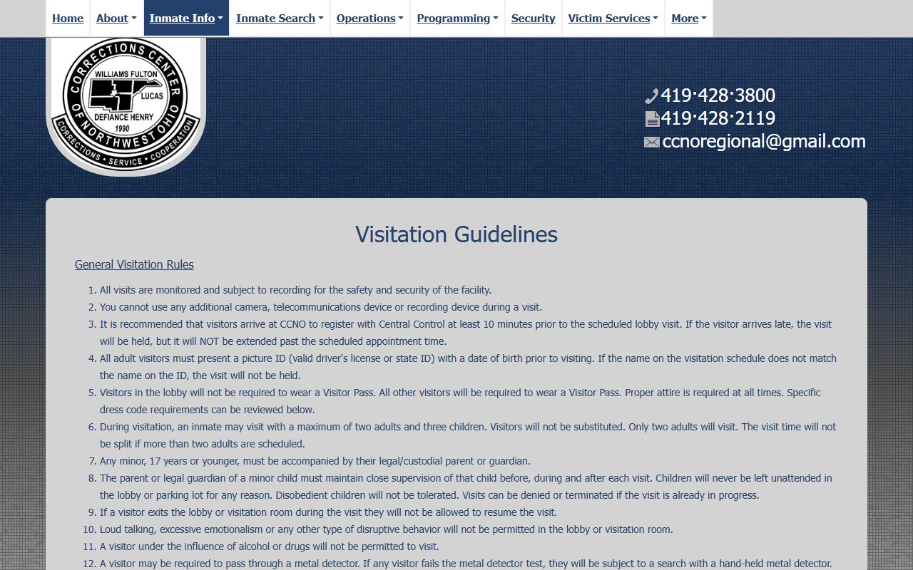 Corrections Center of Northwest Ohio visitation schedule for Defiance County inmates