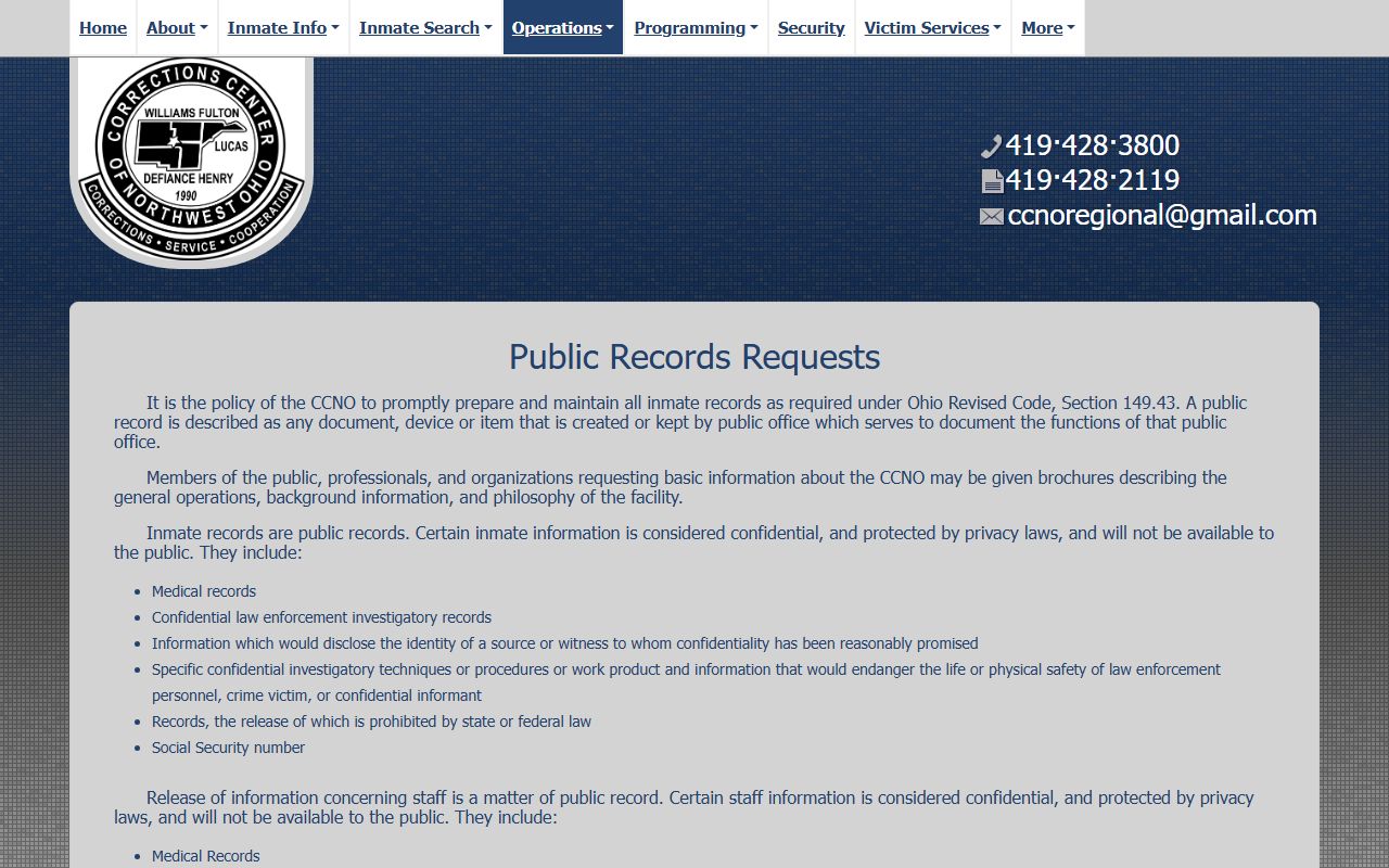 Defiance County inmate records CCNO public records request information